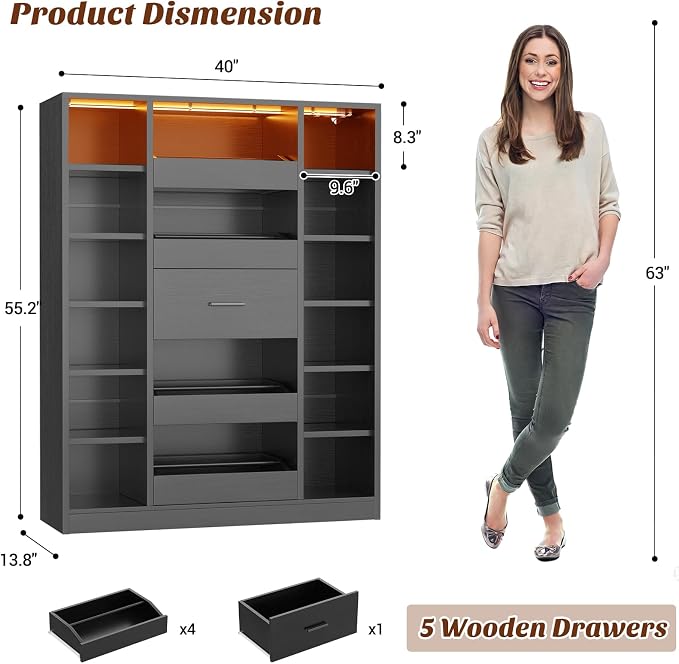 Besiost 40" Closet System with Lights, Wood Closet Organizer with 5 Drawers | - Image 7