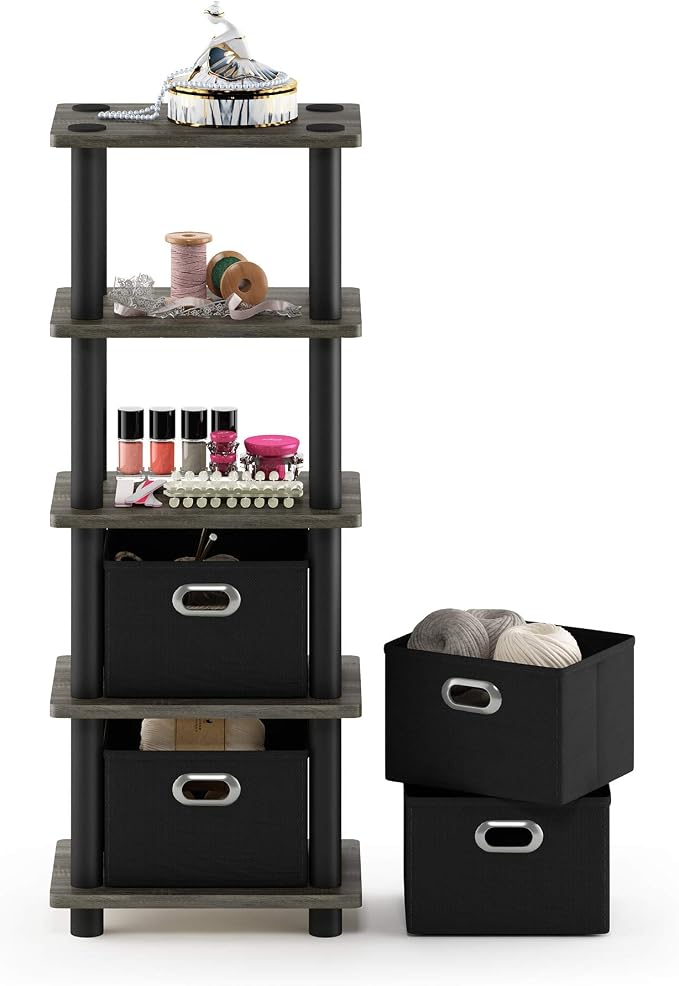 FURINNO Turn-N-Tube LACi 4-Bins System Rack, French Oak Grey/Black - Image 6