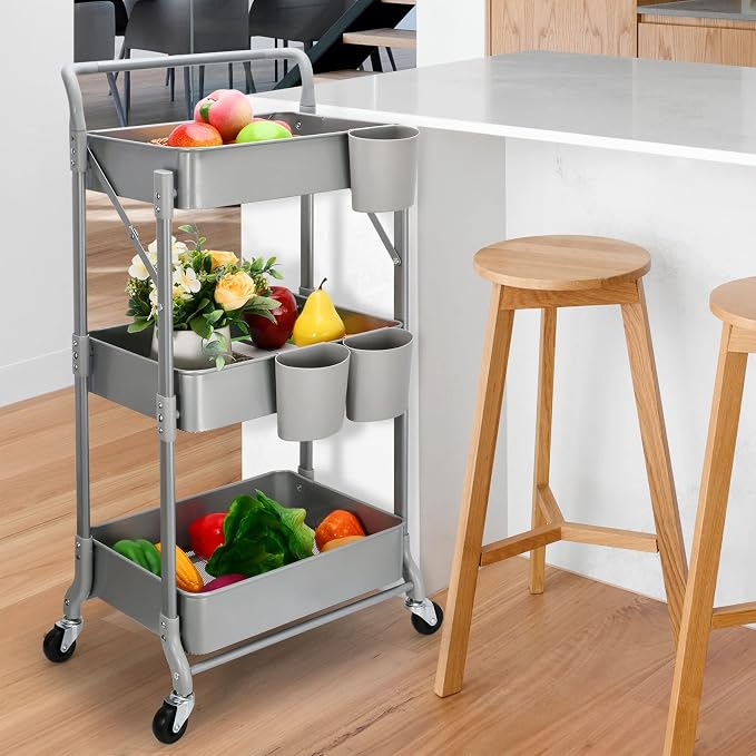 Foldable 3 Tier Metal Utility Rolling Cart, Folding Mobile Multi-Function - Image 9