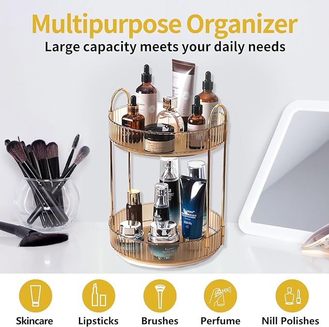360 Rotating Gold Makeup Organizer, 2 Tier Large Capacity Rotating Makeup - Image 6