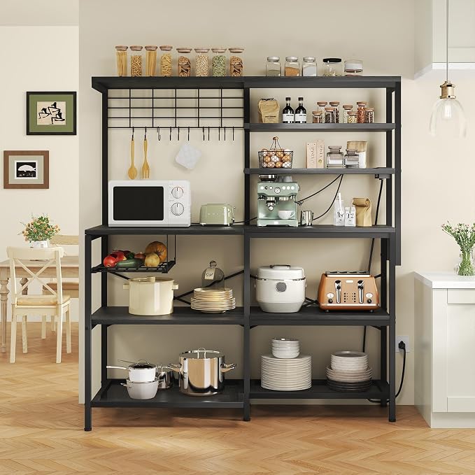 L-Shaped Bakers Rack with Power Outlet, 6-Tier Microwave Stand with Open Storage - Image 8