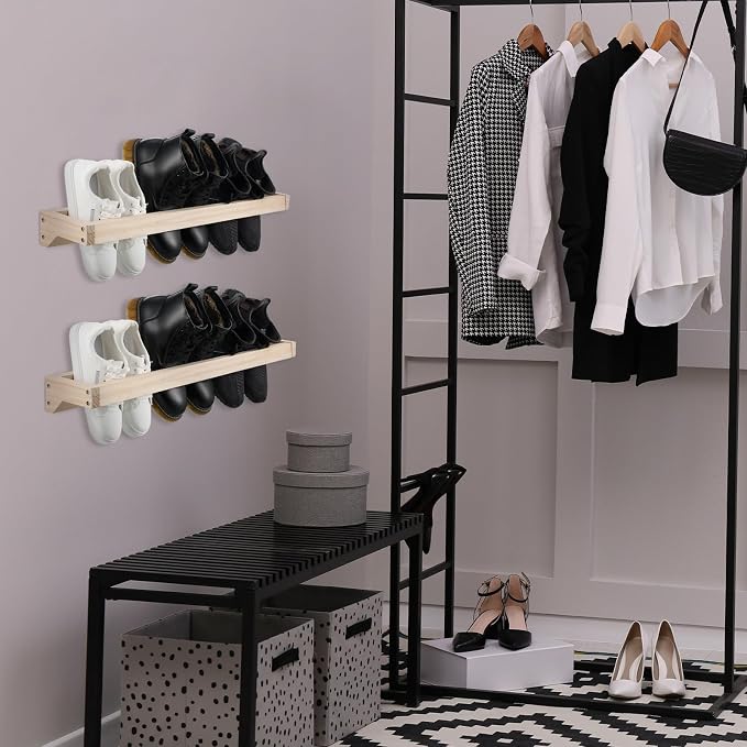 Wenqik 2 Pcs Wall Mounted Wooden Shoe Rack 30 Inch Rustic Wood Wall Hanging - Image 7