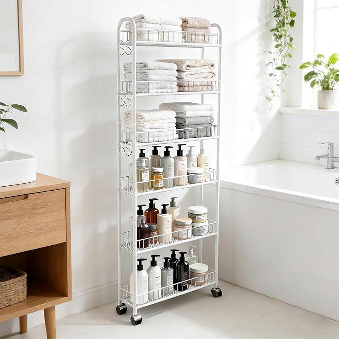 Slim Rolling Storage Cart with Wheels, 6in 6 Tier White | Narrow Space Shelving - Image 7
