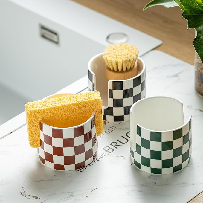Checkered Sponge Holder for Kitchen Sink, Ceramic Dish Sponge Drying Caddy - Image 8