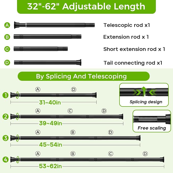 Black Shower Curtain Rod 32 to 62 Inches Adjustable, 7/8 Inch Diameter Heavy - Image 7
