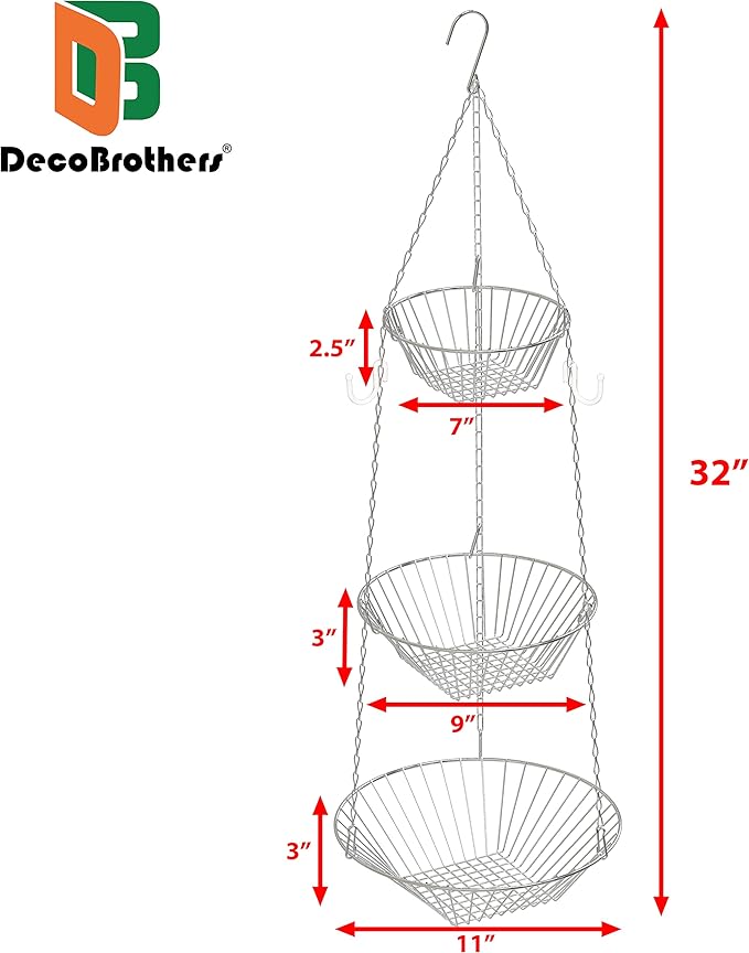 Deco Brothers Hanging Fruit Basket, Chrome | Adjustable & Separable Baskets - Image 5