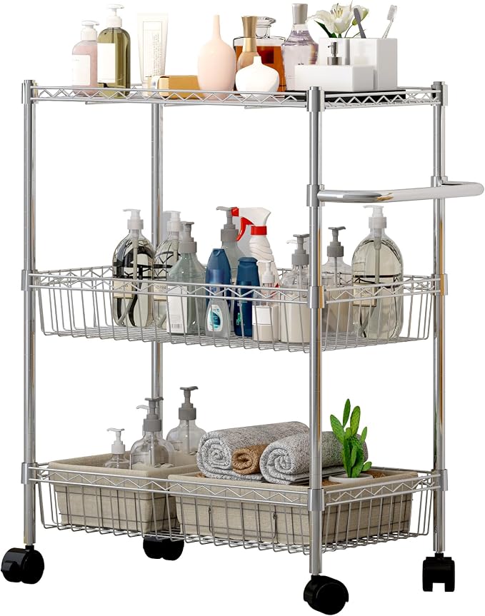 Chrome 3 Tier Rolling Storage Cart, Metal Wire Kitchen Cart - Image 8