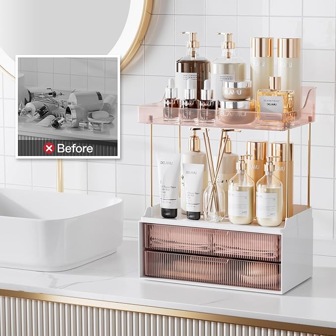 Delamu Bathroom Organizers and Storage, 2 Tier 2 Drawer Makeup Organizer - Image 7