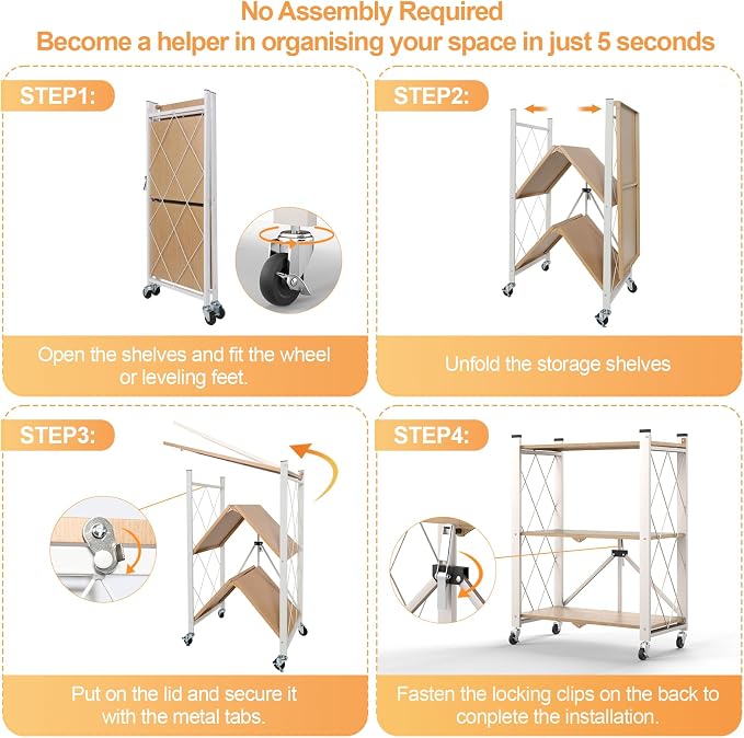 3 Tier Folding Shelf with Wheels, Metal Steel Collapsible Shelves, Folding - Image 9