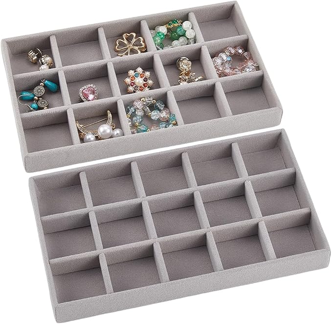 2Pcs 5 x 8.3 Inch Jewelry Drawer Inserts Velvet Jewelry Tray Gray 15 Grids - Image 7