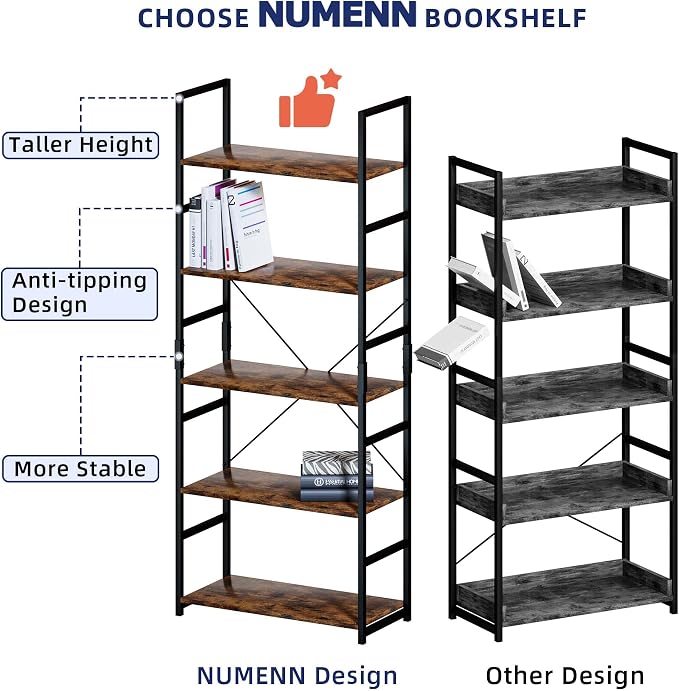 NUMENN 5 Tier Bookshelf, Tall Freestanding Open Storage Bookcase, Vintage | - Image 7