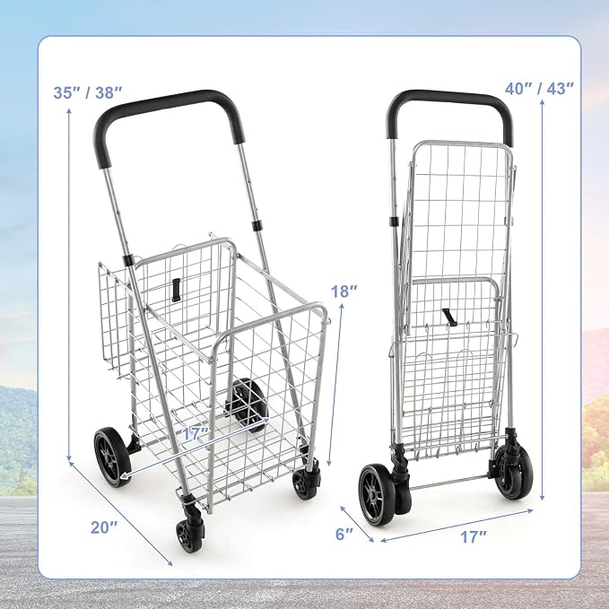 Goplus Folding Shopping Utility Cart, Double Basket and 360° Swivel Wheels - Image 7
