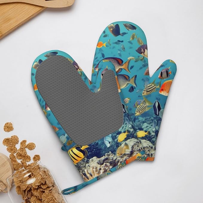Sea Fishes Print Oven Mitts Set of 2, Heat Resistant Silicone Oven Mittens - Image 9