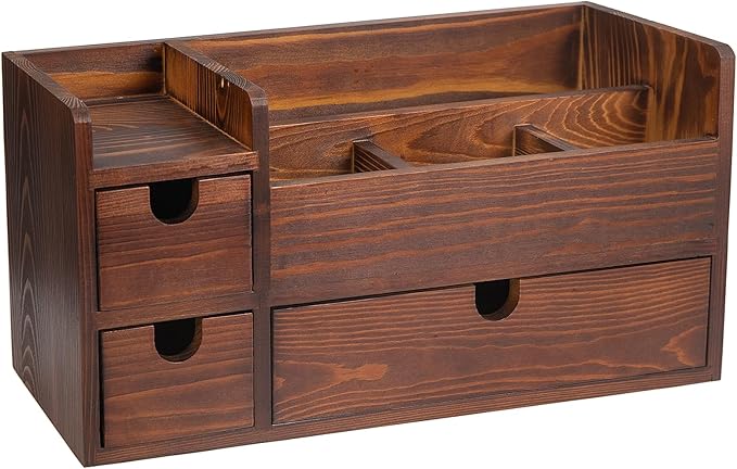 Rustic Brown Wooden Desktop Organizer Drawers Removable Office Supplies Torched - Image 6