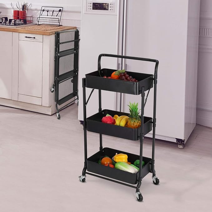 Foldable 3 Tier Metal Utility Rolling Cart, Folding Mobile Multi-Function - Image 9