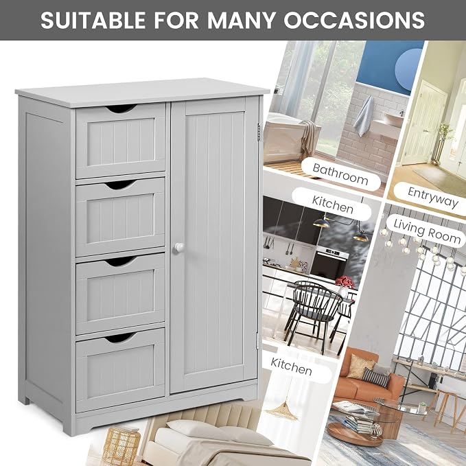 COSTWAY Bathroom Storage Cabinet, Wooden Freestanding Storage Cupboard Organizer - Image 9