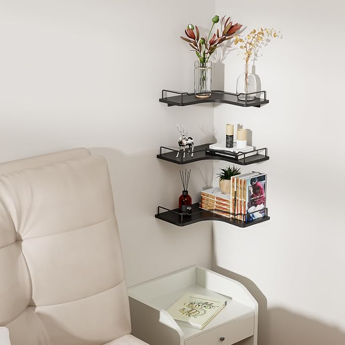L-Shaped Corner Floating Shelves Set of 3, Rustic Wood Wall Mounted Storage - Image 9