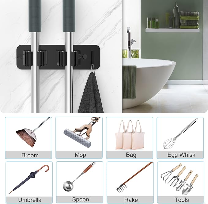 homeasy Wall Mount Mop and Broom Holder, Heavy Duty Stainless Steel Organizer - Image 9