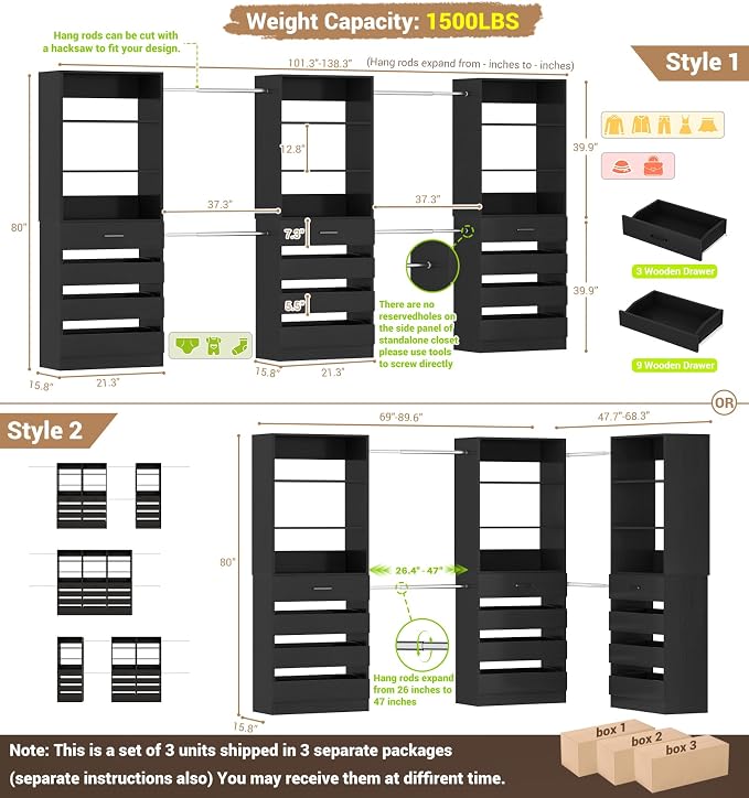 Aheaplus Closet System with 12 Drawers, 8.5-11.5Ft Wood Closet Organizer System - Image 7