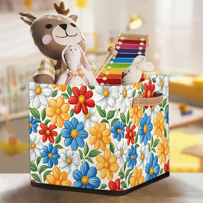 TropicalLife 13x13x13 Inch Large Fabric Storage Cube Boho Flower Foldable - Image 7