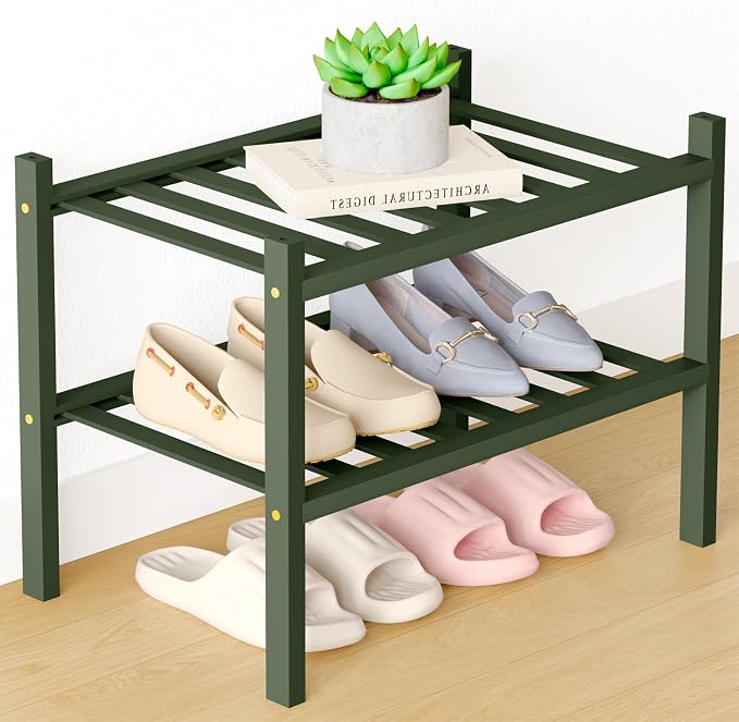 Smiry Bamboo Shoe Rack for Closet, 2 Tier Small Wooden Stackable Shoe Organizer by Smiry