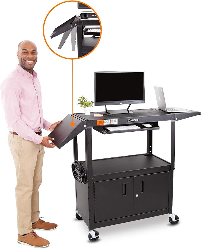 Line Leader Large AV Cart with Locking Cabinet & Drop Leaves, Rolling Height - Image 9