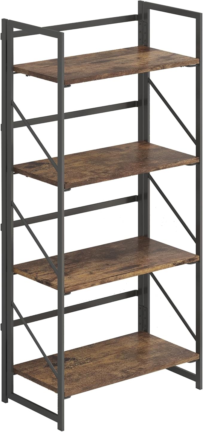 JSB No Assembly Folding Bookshelf, 4 Tier Industrial Metal Book Shelf - Image 6