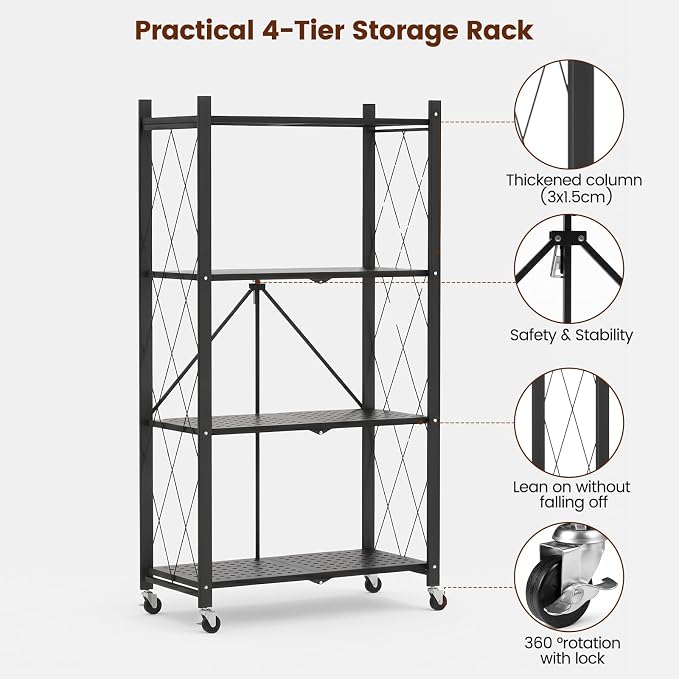 ALANNG 4 Tier Folding Storage Shelf on Wheels, Heavy Duty Metal Rolling Cart | - Image 10