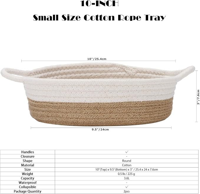 Sea Team 2-Pack Cotton Rope Baskets, 10 x 3 Inches Small Woven Storage Basket - Image 6