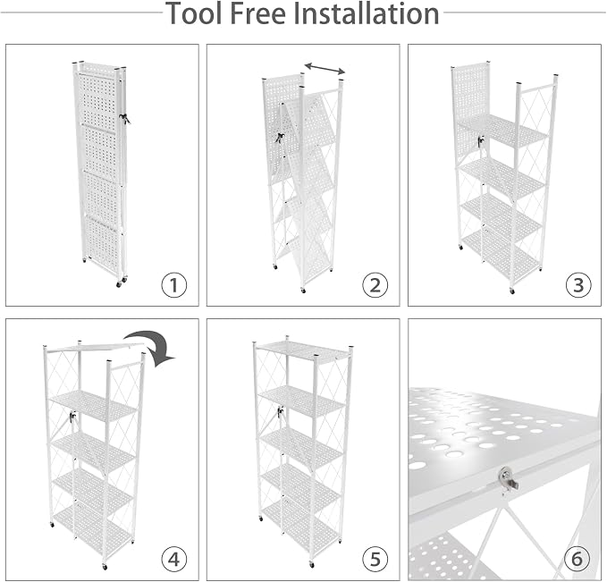 5 Tier Folding Shelf with Wheels, Metal Steel Collapsible Shelves, No Assembly - Image 7