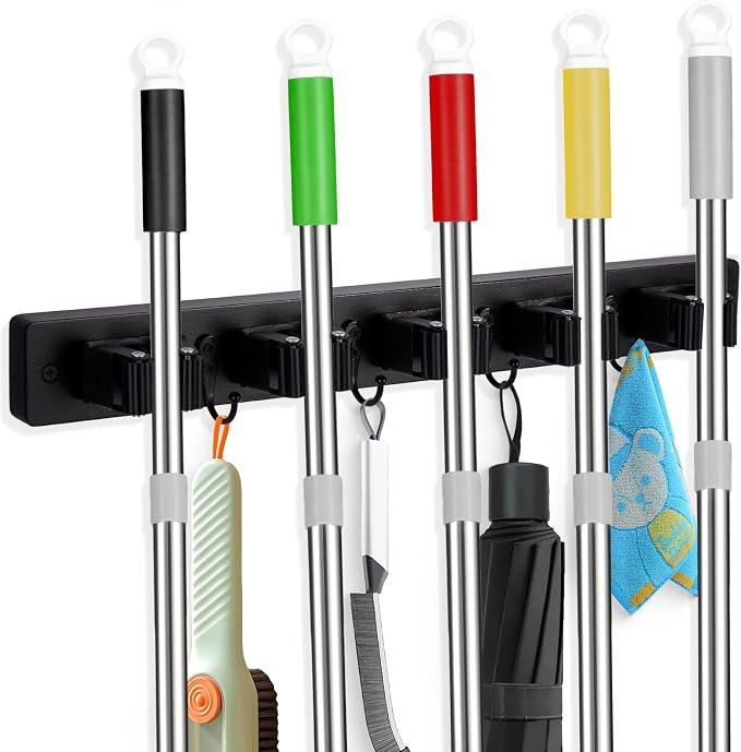 Broom Holder Wall Mount With 5 Slots & 4 Hooks,Rustic Wood Broom & Mop - Image 8