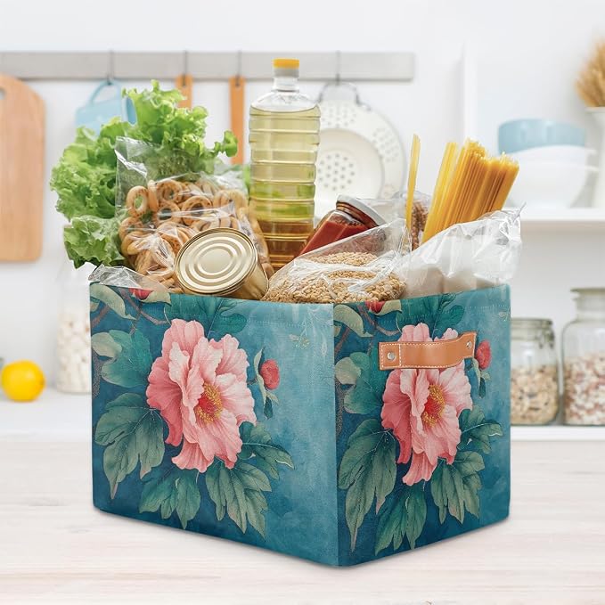 Pardick Basket Storage Bins Flower Floral Teal Rectangle Cube Basket Box Kids - Image 7