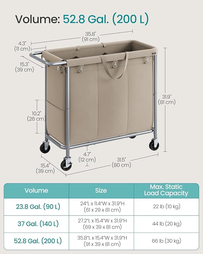 SONGMICS Laundry Basket with Wheels, 3-Section Rolling Laundry Hamper, 52.8 - Image 7