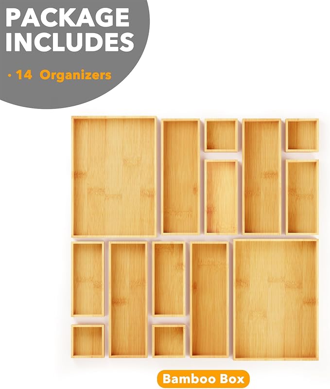 SpaceAid 14-Piece Bamboo Drawer Organizer Storage Boxes Set, Wood Tray Junk - Image 6