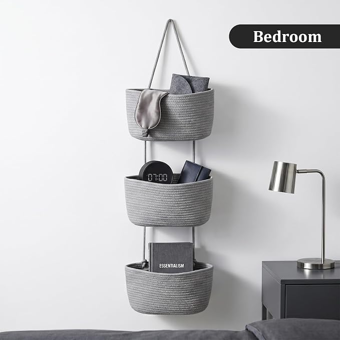 TeoKJ Over the Door Hanging Basket, 3-Tier Woven Cotton Wall-Mounted Storage - Image 9