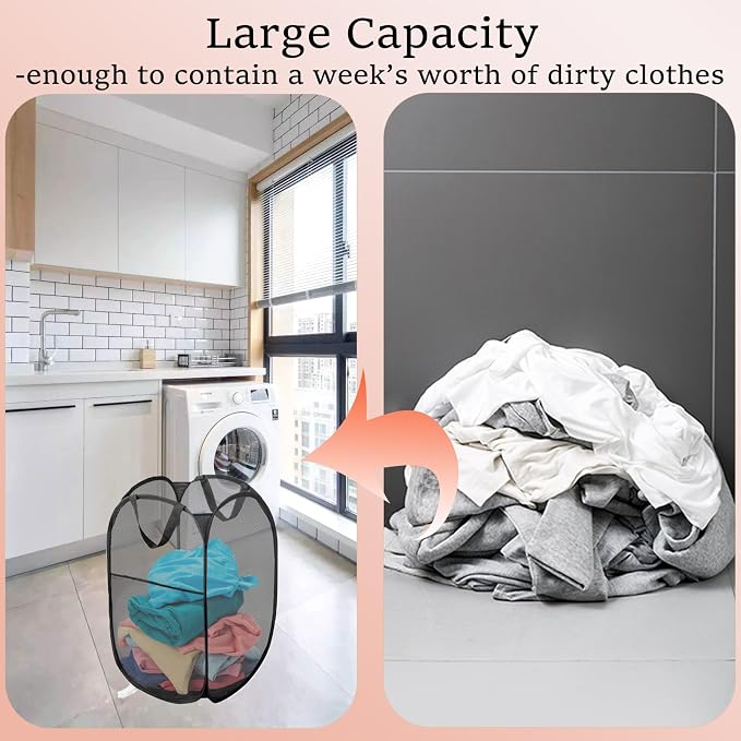 Pack of 2 Pop Up Laundry Hamper Collapsible Laundry Baskets Black Mesh Laundry - Image 7