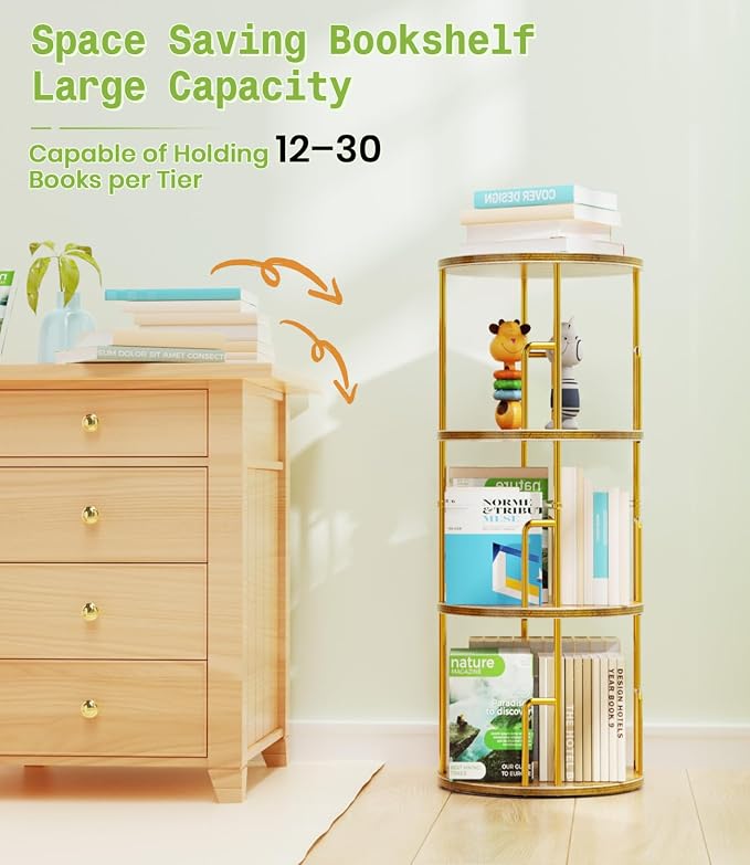 3 Tier Rotating Bookshelf Tower Round Gold, 37” Floor Standing Spinning - Image 8