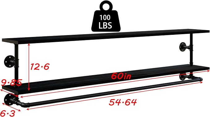 Black Clothes Rack 60in, 2-Tier Wall Mounted Garment Rack - Image 9