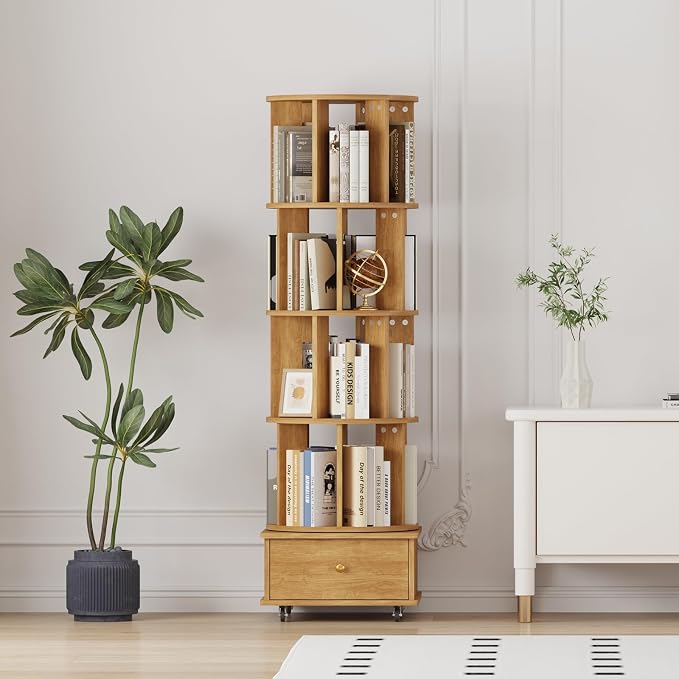 4-Tier Rotating Bookshelf with Drawers on Wheels, 360° Spinning Corner Bookcase - Image 8