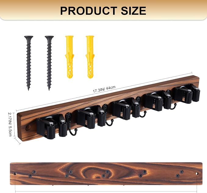 Broom Holder Wall Mount With 5 Slots & 4 Hooks,Rustic Wood Broom & Mop - Image 8