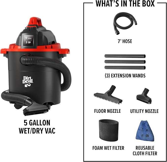 Dirt Devil 5 Gallon Corded Wet Dry Shop Vacuum, Heavy Duty Vacuum - Image 7