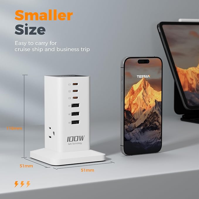 Charging Station PD 100W, TESSAN 9-in-1 USB C Power Strip - Image 6