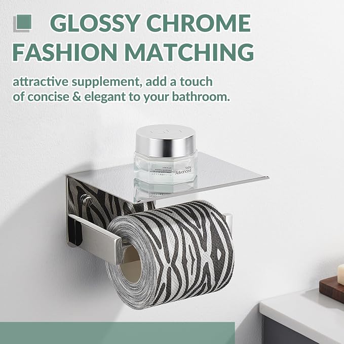 Toilet Paper Holder with Phone Shelf Polished Chrome, APLusee Bathroom - Image 9