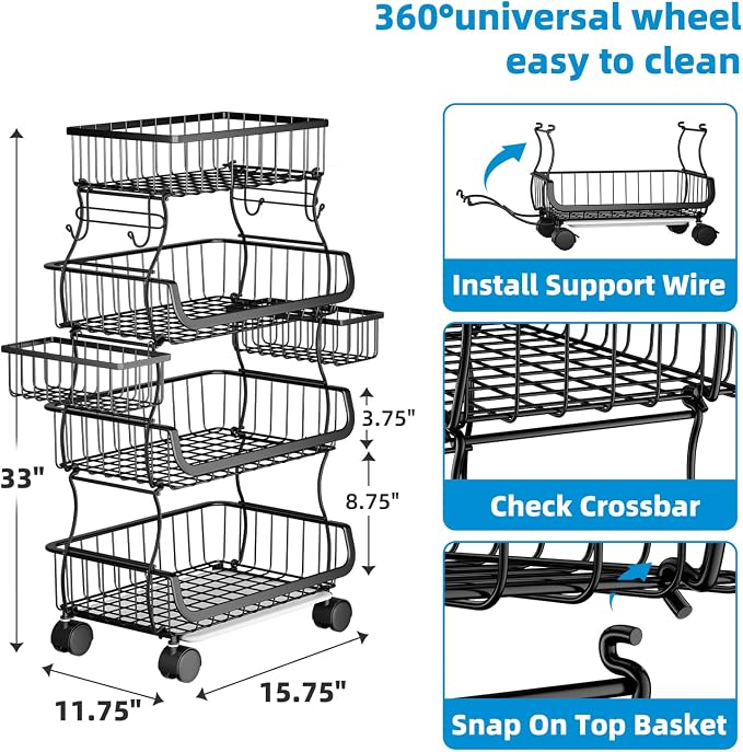 Simple Trending 4 Tier Rolling Cart, Stackable Fruit Vegetable Basket - Image 6