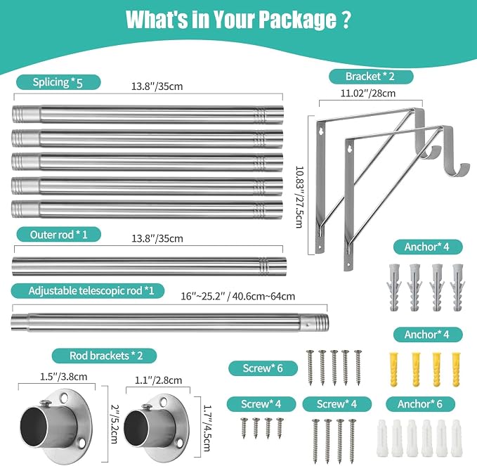 Closet Rod, 16 to 100 Inch Closet Rods Heavy Duty Adjustable Wardrobe Poles - Image 7