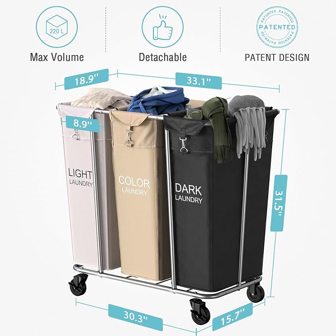 PLKOW Laundry Sorter 3 Section, 220L Large Laundry Cart - Image 7