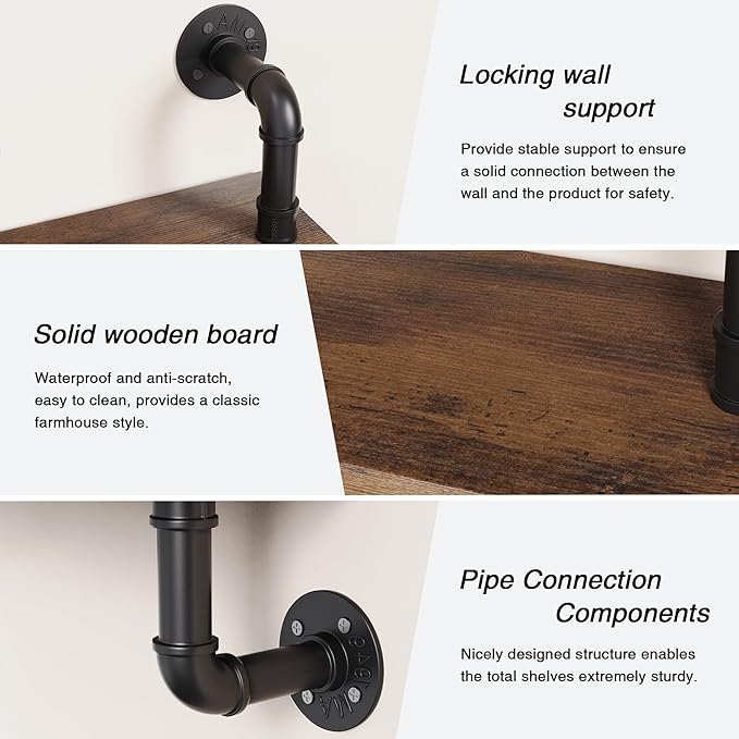 Merapi 24" Industrial Pipe Shelves Wall Mounted, 2 Tier Rustic Floating Shelves - Image 6