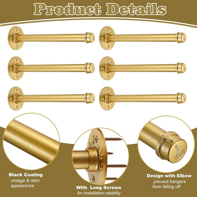 BTSKY 6 Pack Clothes Rack with Screws, 12 Inch Metal Industrial Pipe Clothes Bar - Image 9