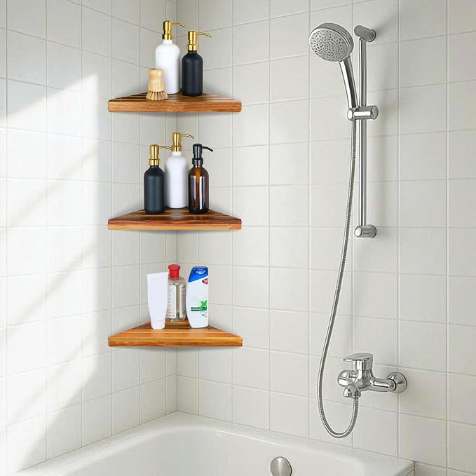 ENKEZI Acacia 2, 3 Tiers Corner Shower Shelf, Triangular Corner Shelf Wooden - Image 6