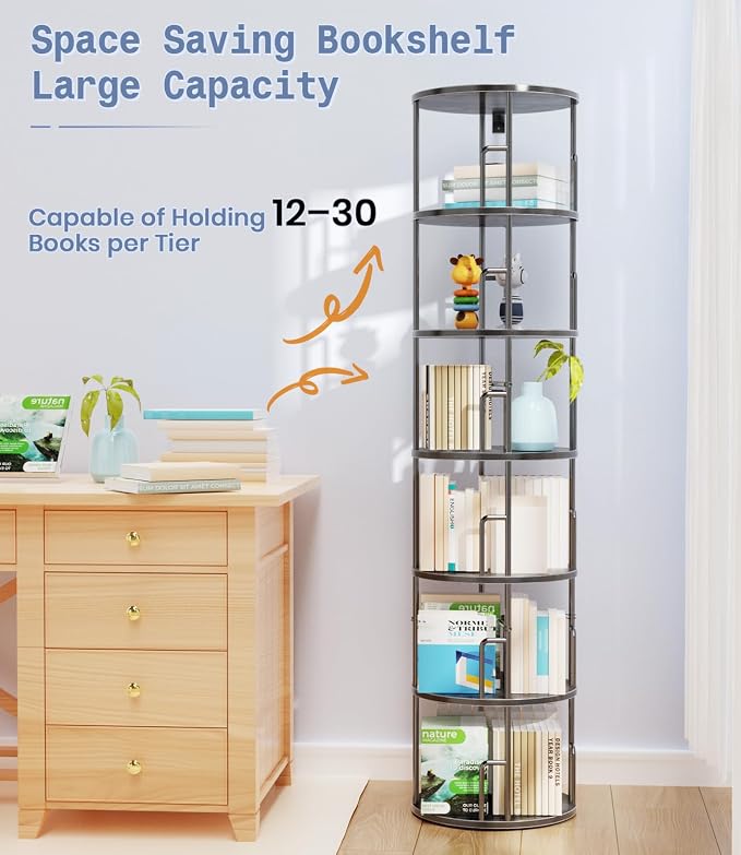 6 Tier Rotating Bookshelf Tower Round Black, 74”Tall Spinning Bookshelf Tower - Image 8